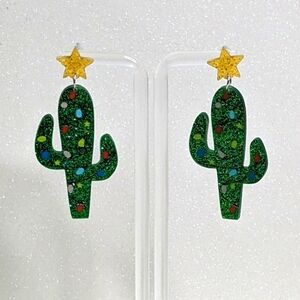 Cactus Christmas Decoration Multi Color Bulbs Glitter Drop Earrings